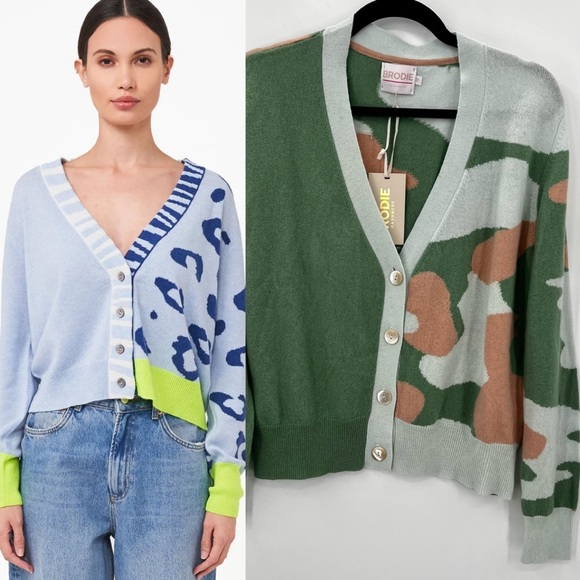 NWT Brodie Cashmere Wild Casi 2.0 Pastel Green Cardigan 100% Cashmere Animal M - Picture 1 of 11